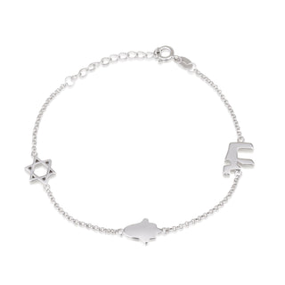 925 Sterling Silver Bracelet With Star of David, Hamsa & Chai Symbols